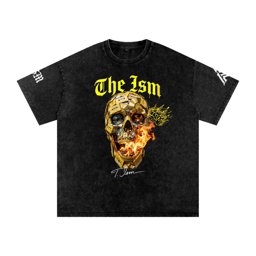 Skull on Fire Ism Snow Washed Oversized Cotton T-Shirt