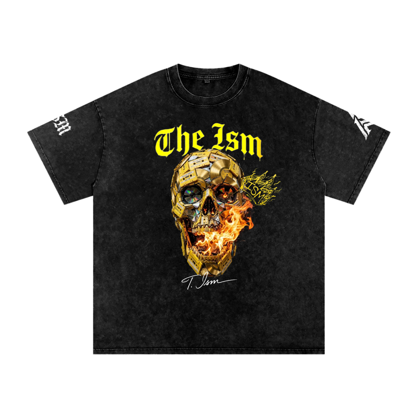 Skull on Fire Ism Snow Washed Oversized Cotton T-Shirt